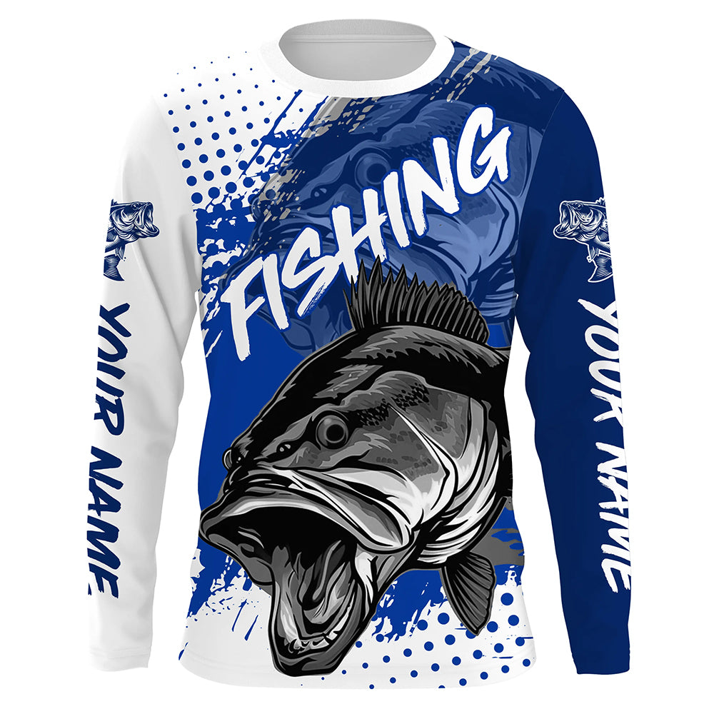 Personalized Bass Long Sleeve Tournament Fishing Shirts, Custom Bass Fishing Jerseys | Blue IPHW5800