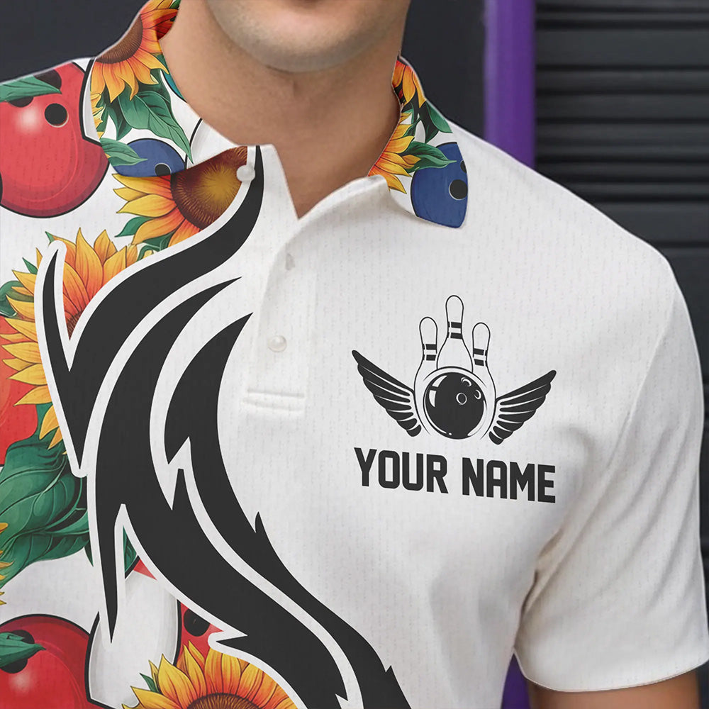Custom Sunflower Bowling Pattern Polo Shirts For Men, Sunflower Bowling Team Shirts IPHW8440
