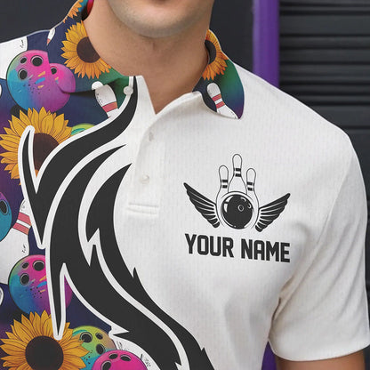 Custom Sunflower Bowling Pattern Polo Shirts For Men, Sunflower Bowling Team Shirts IPHW8441
