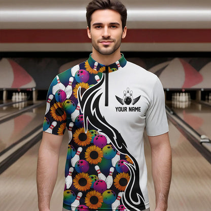 Custom Sunflower Bowling Pattern Quarter-Zip Shirts For Men, Sunflower Bowling Team Shirts IPHW8441