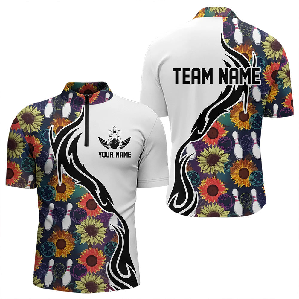 Custom Sunflower Bowling Pattern Quarter-Zip Shirts For Men, Sunflower Bowling Team Shirts IPHW8442