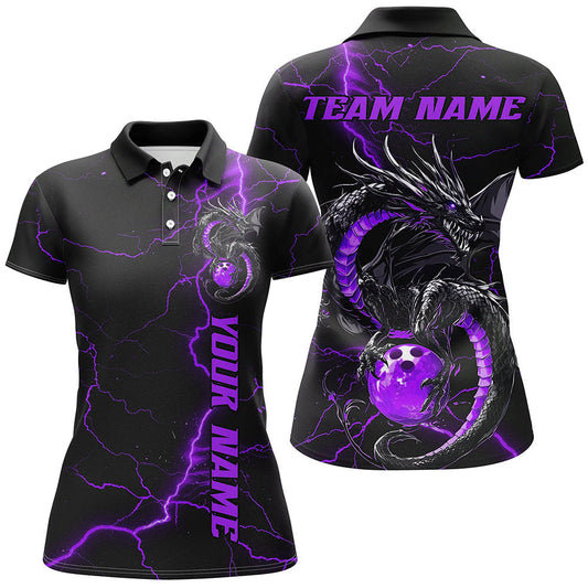Black And Purple Custom Dragon Bowling Polo Shirts For Women, Dragon Bowling League Shirts IPHW8687