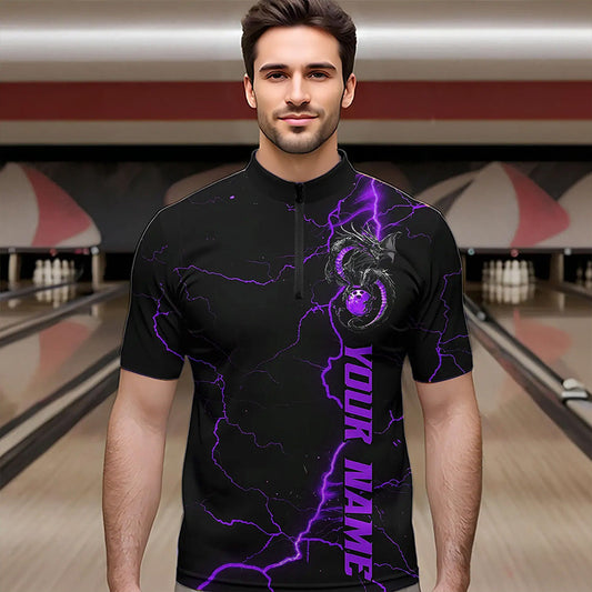 Black And Purple Custom Dragon Bowling Quarter-Zip Shirts For Men, Dragon Bowling League Shirts IPHW8687