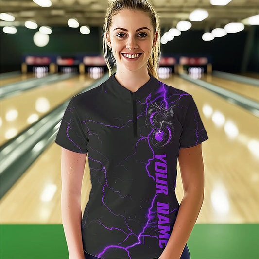 Black And Purple Custom Dragon Bowling Womens Quarter-Zip Shirts, Bowling League Shirts IPHW8687