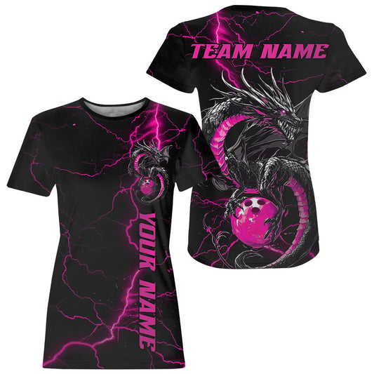 Black And Pink Custom Dragon Bowling T-Shirts For Men, Dragon Bowling League IPHW8688