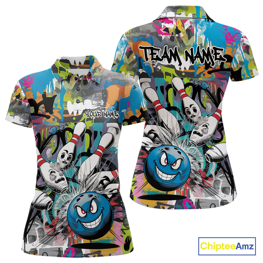 Custom Funny Graffity Bowling Polo Shirts For Women, Bowling Team Shirt IPHW9381