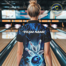 Load image into Gallery viewer, Custom Black And Blue Flame Bowling Team Polo Shirts For Women, Fire Bowling League Shirt IPHW9386