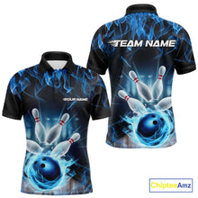 Load image into Gallery viewer, Custom Black And Blue Flame Bowling Team Polo Shirts For Men, Fire Bowling League Shirt IPHW9386