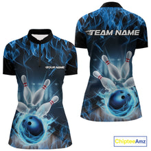 Load image into Gallery viewer, Custom Black And Blue Flame Bowling Women Quarter-Zip Shirts, Fire Bowling League Shirt IPHW9386