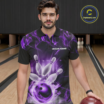 Custom Black And Purple Flame Bowling Team Polo Shirts For Men, Fire Bowling League Shirt IPHW9387