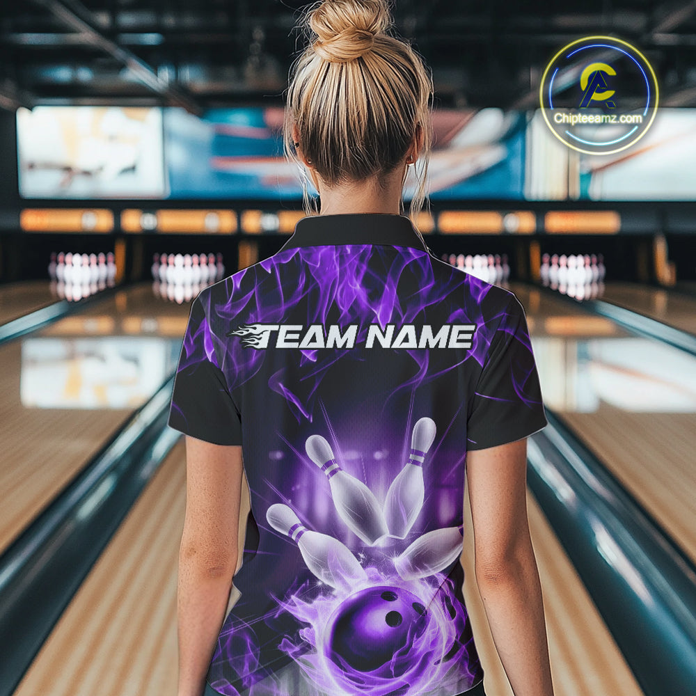 Custom Black And Purple Flame Bowling Team Women Polo Shirts, Fire Bowling League Shirt IPHW9387