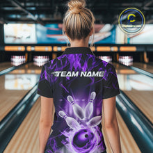 Load image into Gallery viewer, Custom Black And Purple Flame Bowling Team Women Polo Shirts, Fire Bowling League Shirt IPHW9387