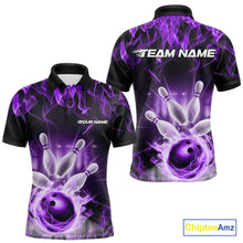 Load image into Gallery viewer, Custom Black And Purple Flame Bowling Team Polo Shirts For Men, Fire Bowling League Shirt IPHW9387