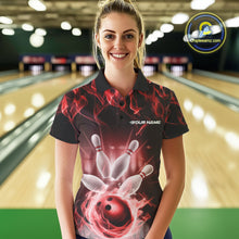 Load image into Gallery viewer, Custom Black And Red Flame Bowling Team Polo Shirts For Women, Fire Bowling League Shirt IPHW9388