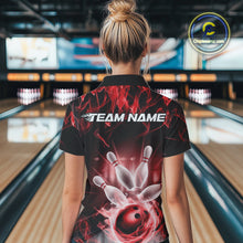 Load image into Gallery viewer, Custom Black And Red Flame Bowling Team Polo Shirts For Women, Fire Bowling League Shirt IPHW9388