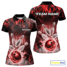 Load image into Gallery viewer, Custom Black And Red Flame Bowling Team Polo Shirts For Women, Fire Bowling League Shirt IPHW9388