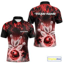 Load image into Gallery viewer, Custom Black And Red Flame Bowling Team Polo Shirts For Men, Fire Bowling League Shirt IPHW9388