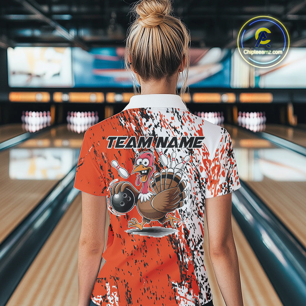 Custom Funny Orange Thanksgiving Turkey Bowling Women Polo Shirts, Turkey Bowling Jerseys IPHW9765