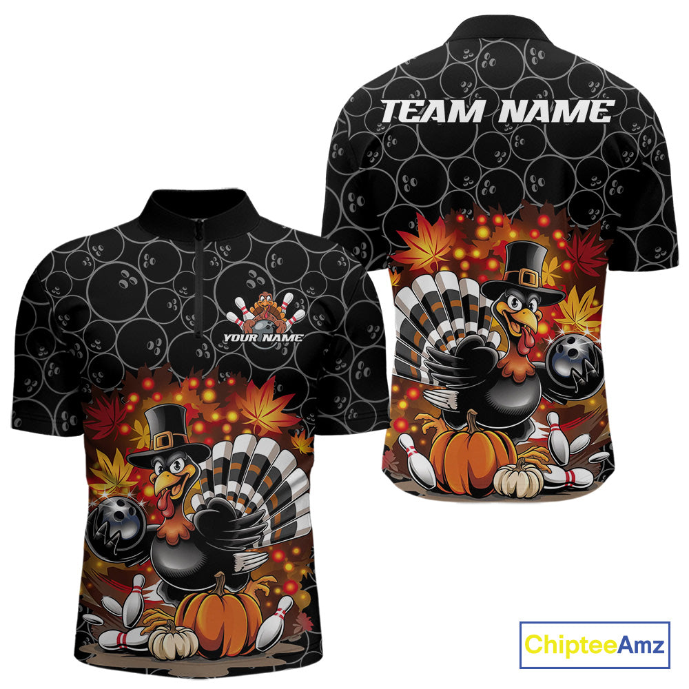 Custom Funny Thanksgiving Turkey Bowling Men Quarter-Zip Shirts, Autumn Bowling Shirt IPHW9771