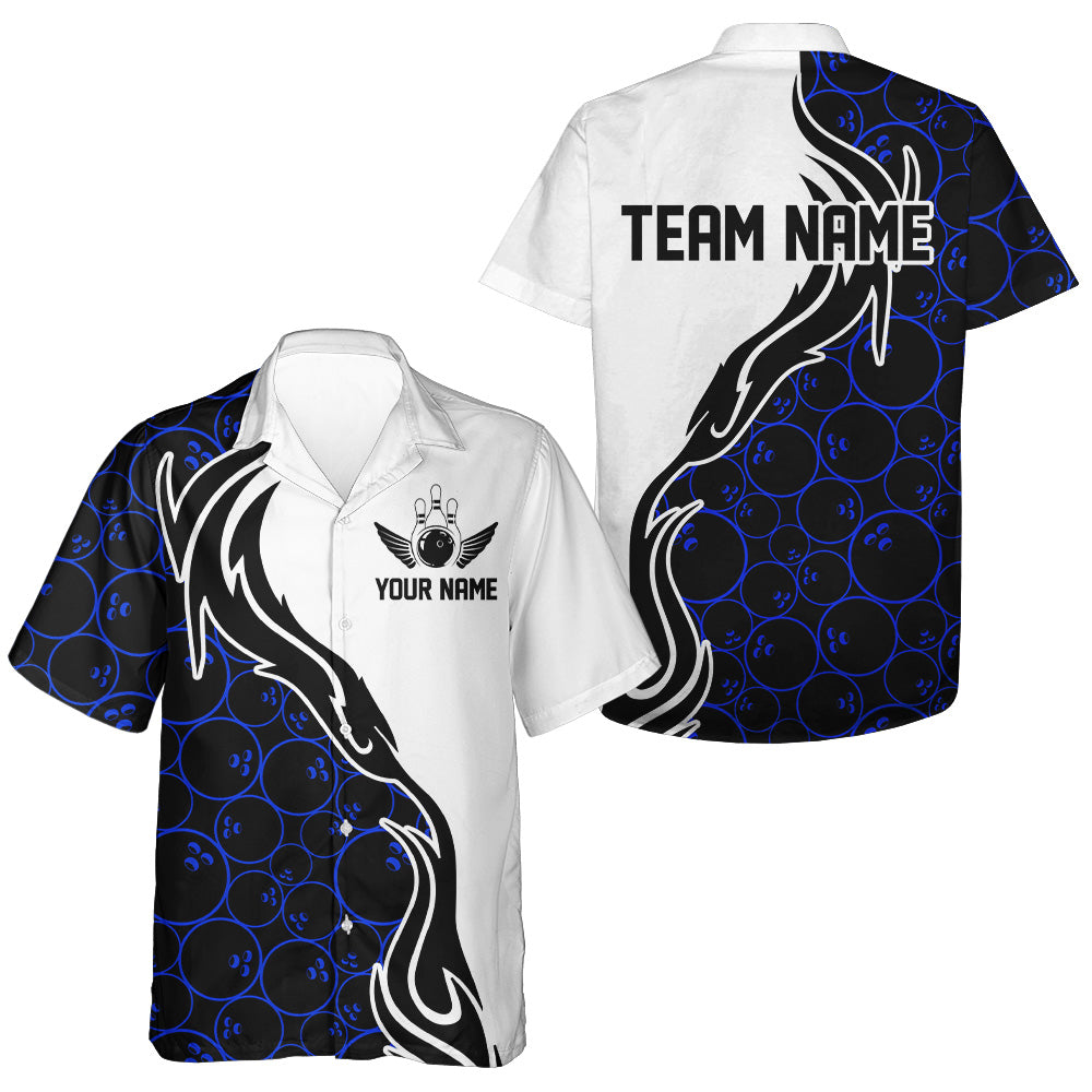 Blue Bowling Pattern Custom Men Bowling Hawaiian Shirts Flame Bowling Team Jerseys IPHW5307