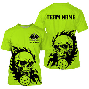 Lime Green Custom Flame Skull Pickleball T-Shirts For Men, Halloween Pickleball Team Outfits IPHW7556