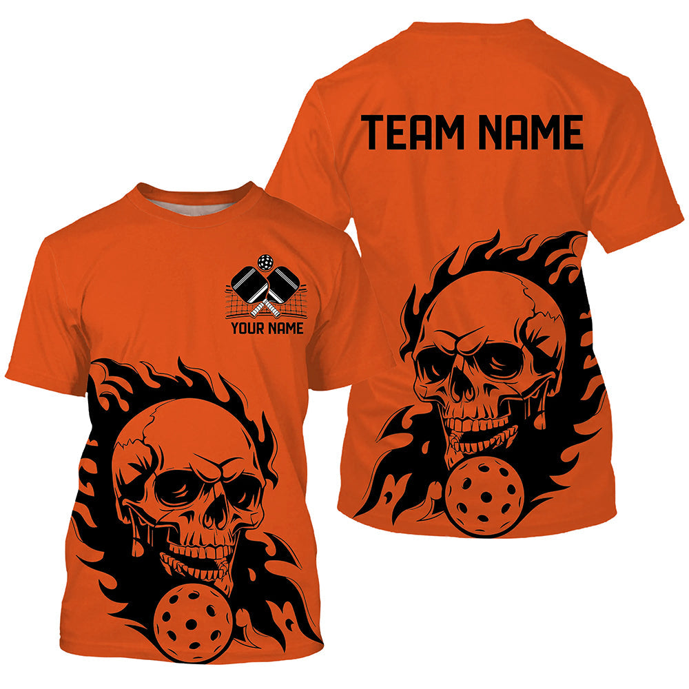 Orange Custom Flame Skull Pickleball T-Shirts For Men, Halloween Pickleball Team Outfits Halloween Pickleball  Gifts IPHW7559