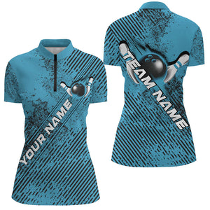 Custom Blue Bowling Jerseys, Grunge Bowling Quarter-Zip Shirts For Women Bowlers Outfits IPHW8230