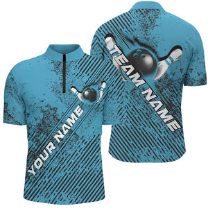 Custom Blue Bowling Jerseys, Grunge Bowling Quarter-Zip Shirts For Men Bowlers Outfits IPHW8230