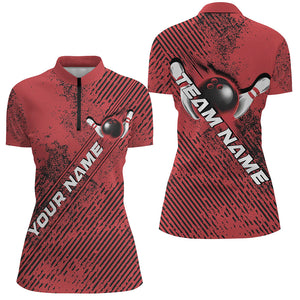 Custom Red Bowling Jerseys, Grunge Bowling Quarter-Zip Shirts For Women Bowlers Outfits IPHW8231