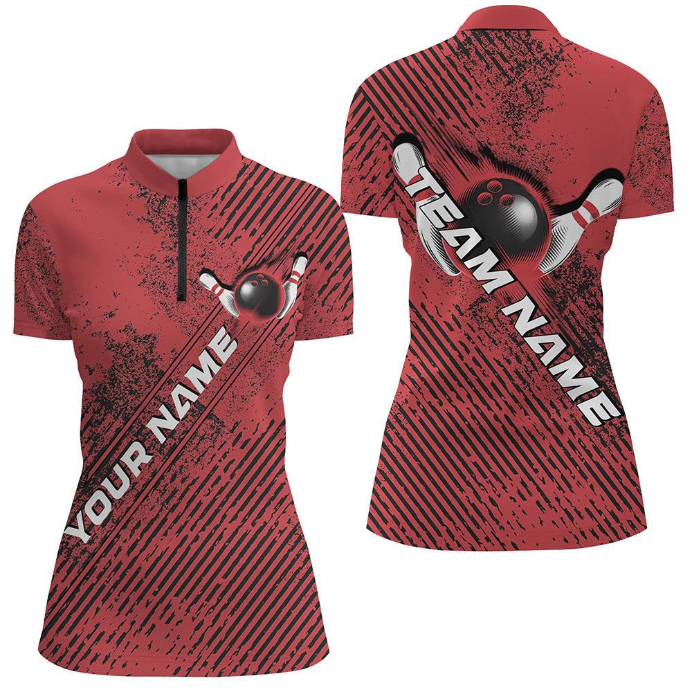 Custom Red Bowling Jerseys, Grunge Bowling Quarter-Zip Shirts For Women Bowlers Outfits IPHW8231