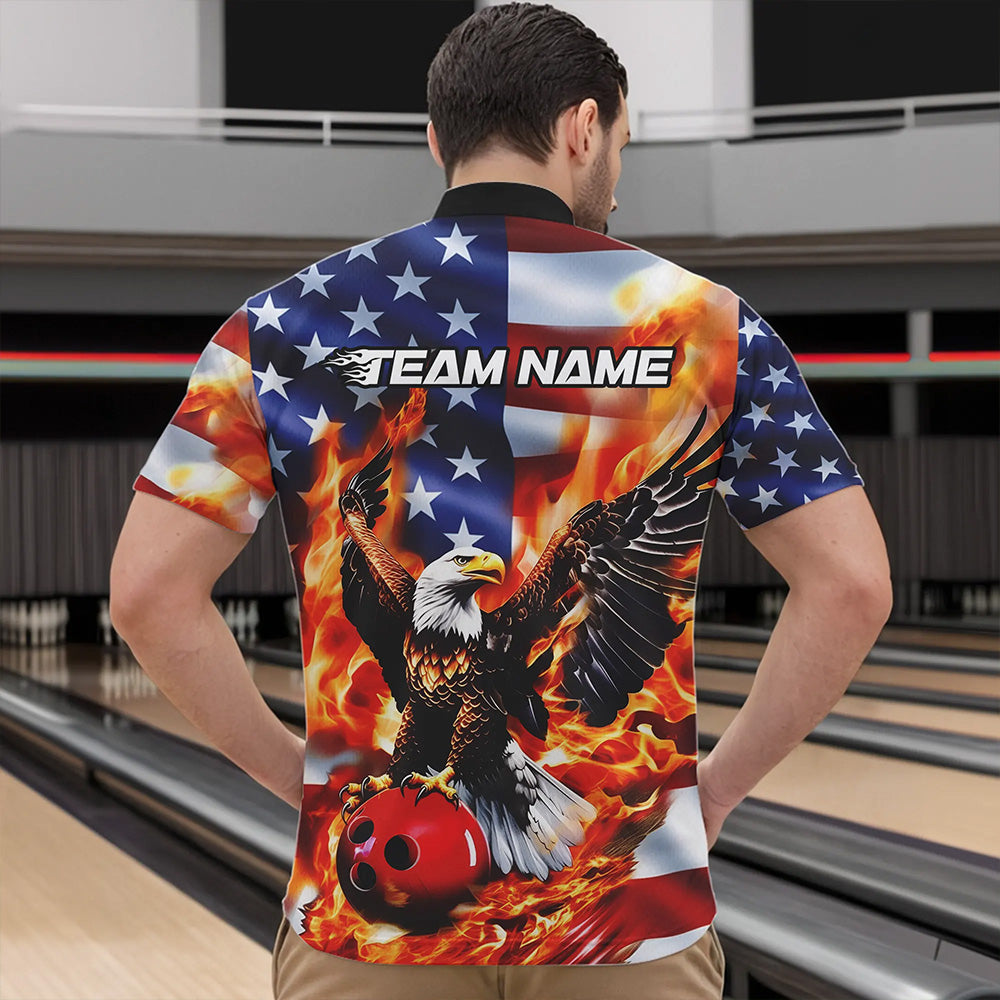 Custom USA Eagle Bowling Quarter-Zip Shirts For Men, Patriotic Bowling League Shirt IPHW8451