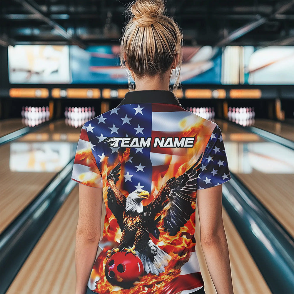 Custom USA Eagle Ladies Bowling Quarter-Zip Shirt, Patriotic Bowling League Shirt IPHW8451