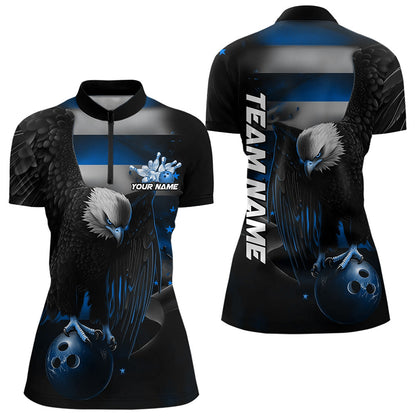 Custom Black And Blue US Flag Eagle Patriotic Bowling Quarter-Zip Shirts For Women IPHW8454