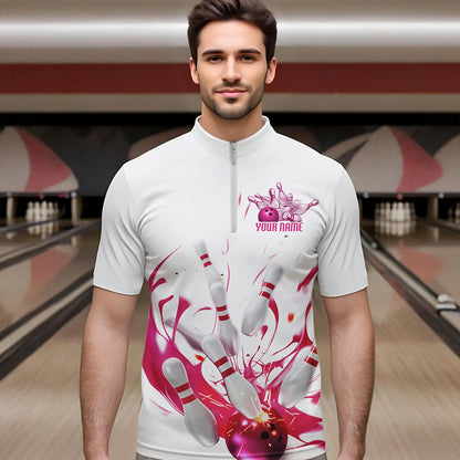 Custom White And Pink Splatter Bowling Quarter-Zip Shirts For Men, Bowling Tournament Shirt IPHW8459