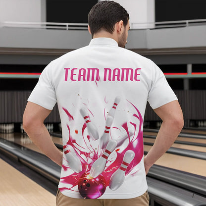 Custom White And Pink Splatter Bowling Quarter-Zip Shirts For Men, Bowling Tournament Shirt IPHW8459