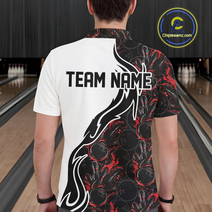 Custom Black And Red Flame Bowling Team Shirts, Bowling League Shirt Men Bowling Jersey IPHW10543