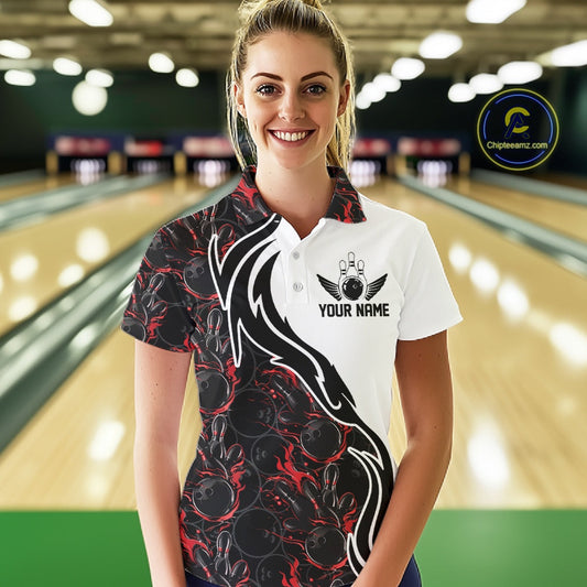 Custom Black And Red Flame Bowling Team Shirts, Bowling League Shirt Women Bowling Jersey IPHW10543