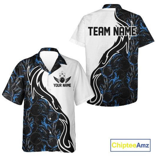 Custom Black And Blue Flame Bowling Team Shirts, Bowling League Shirt Men And Women Bowling Jersey IPHW10545
