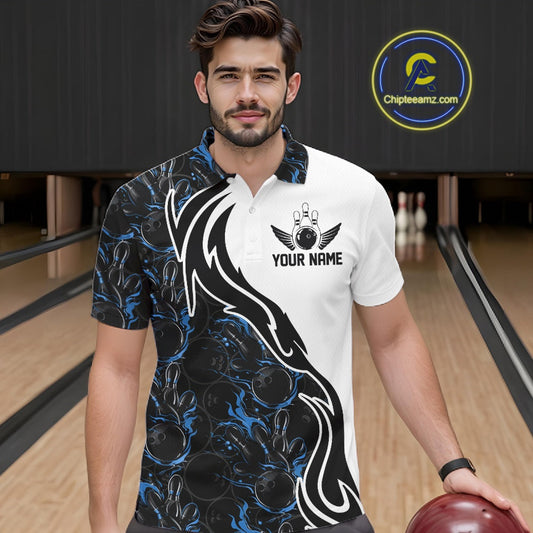Custom Black And Blue Flame Bowling Team Shirts, Bowling League Shirt Men Bowling Jersey IPHW10545