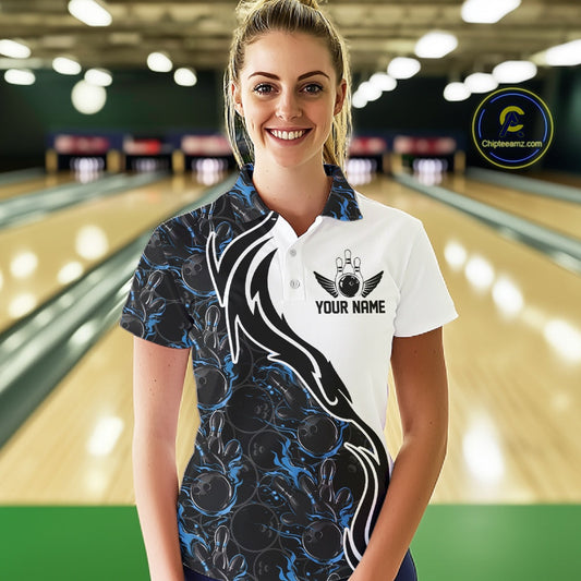 Custom Black And Blue Flame Bowling Team Shirts, Bowling League Shirt Women Bowling Jersey IPHW10545