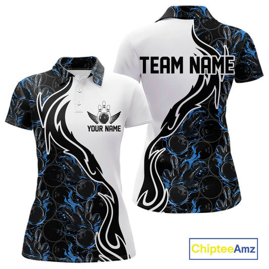 Custom Black And Blue Flame Bowling Team Shirts, Bowling League Shirt Women Bowling Jersey IPHW10545
