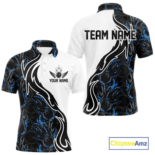 Custom Black And Blue Flame Bowling Team Shirts, Bowling League Shirt Men Bowling Jersey IPHW10545