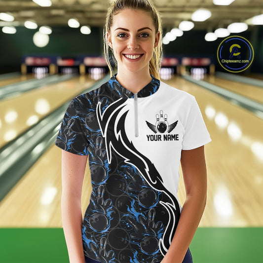 Custom Black And Blue Flame Bowling Team Shirts, Bowling League Shirt Women Jersey IPHW10545