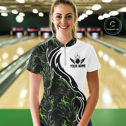 Custom Black And Green Flame Bowling Team Shirts, Bowling League Shirt Women Jersey IPHW10547