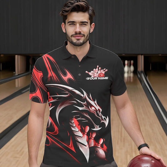 Custom Black And Red Flame Dragon Bowling Polo Shirts For Men, Dragon Bowling League Shirt IPHW8703