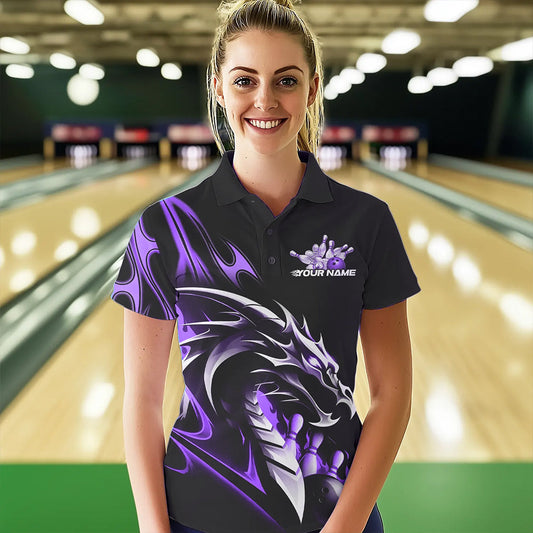 Custom Black And Purple Flame Dragon Bowling Womens Polo Shirt, Dragon Bowling League Shirt IPHW8704