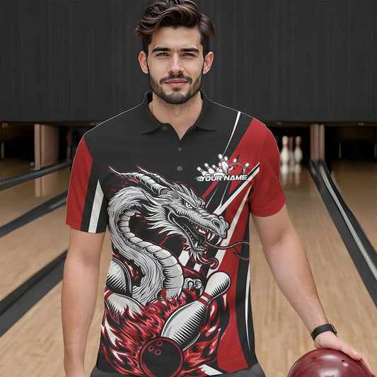 Custom Black And Red Flame Dragon Bowling Jerseys, Dragon Men Bowling Team Polo Shirts IPHW8710