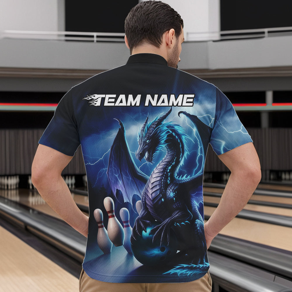 Custom Blue Thunder Lightning Dragon Bowling Quarter-Zip Shirts For Men, Bowling Team Uniform IPHW8950