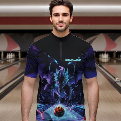 Custom Blue And Purple Dragon Bowling Jerseys, Dragon Bowling Team Quarter-Zip Shirts For Men IPHW8954