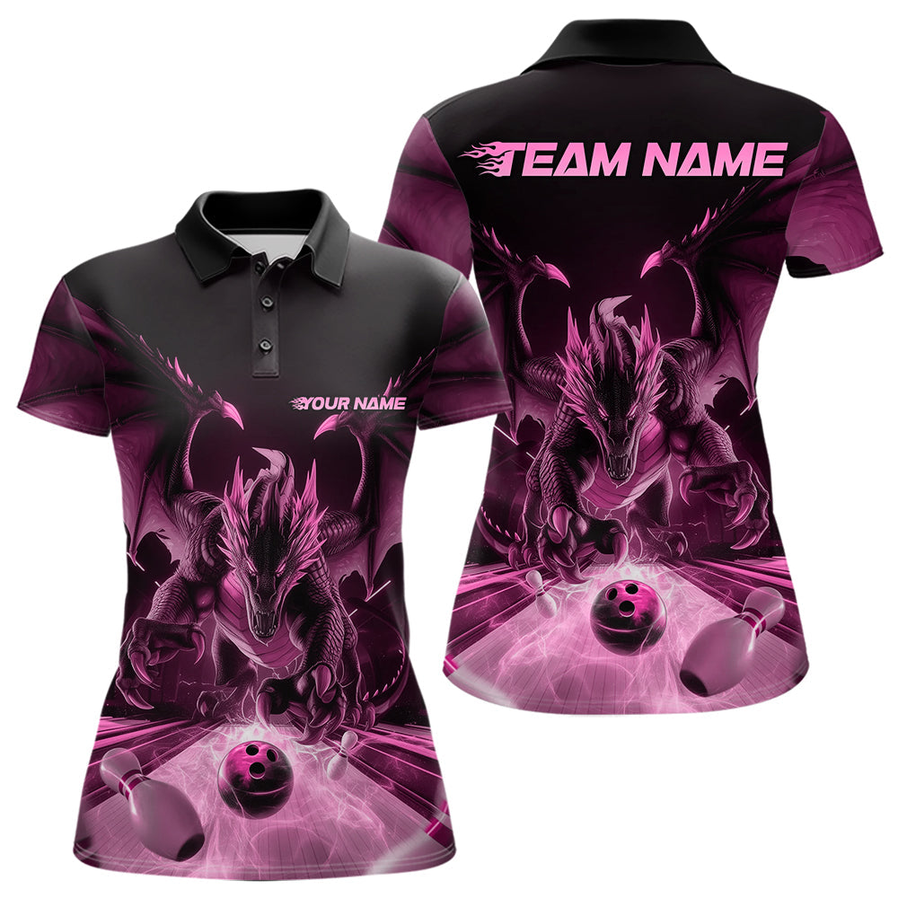 Custom Black And Pink Dragon Bowling Jerseys, Dragon Bowling Team Polo Shirts For Women IPHW8956